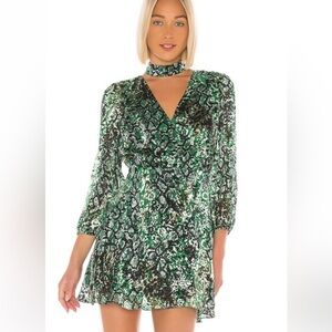 Alice + Olivia Green and Black Fit and Flare Silk Dress